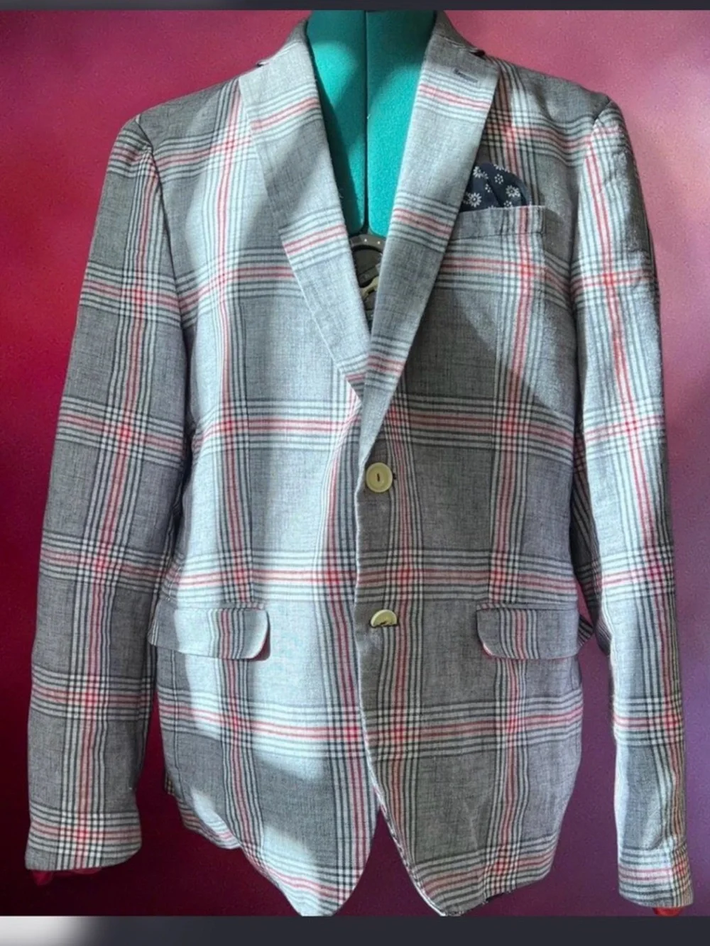 Zara Gray Plaid Sport Coat with Pink Windowpane and Navy Elbow Patches